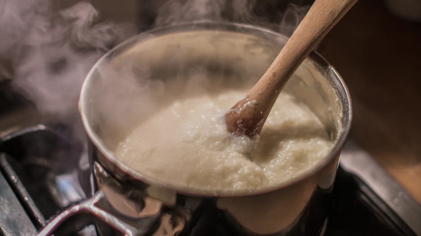 creamy-parmesan-grits-cooking Stirring creamy parmesan grits in saucepan