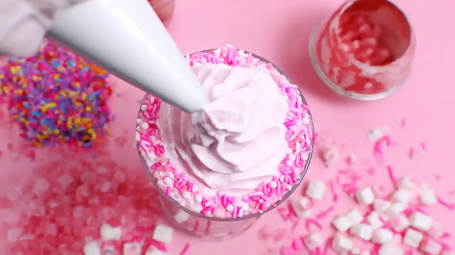 decorating-strawberry-shake topping shake with whipped cream and candy