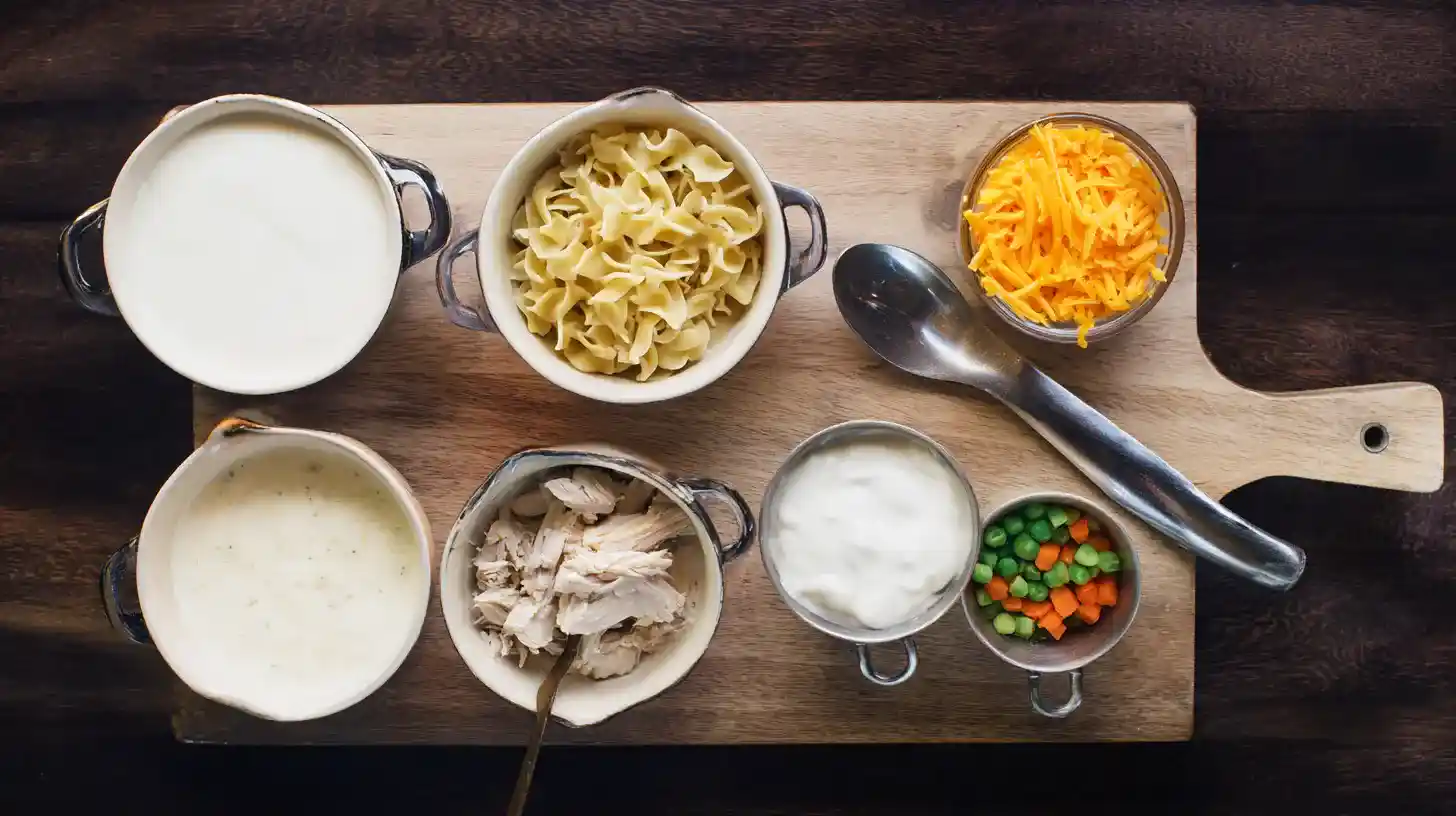 dolly-creamy-chicken-noodle-casserole-ingredients Ingredients for Dollys Creamy Chicken Noodle Casserole arranged on kitchen counter