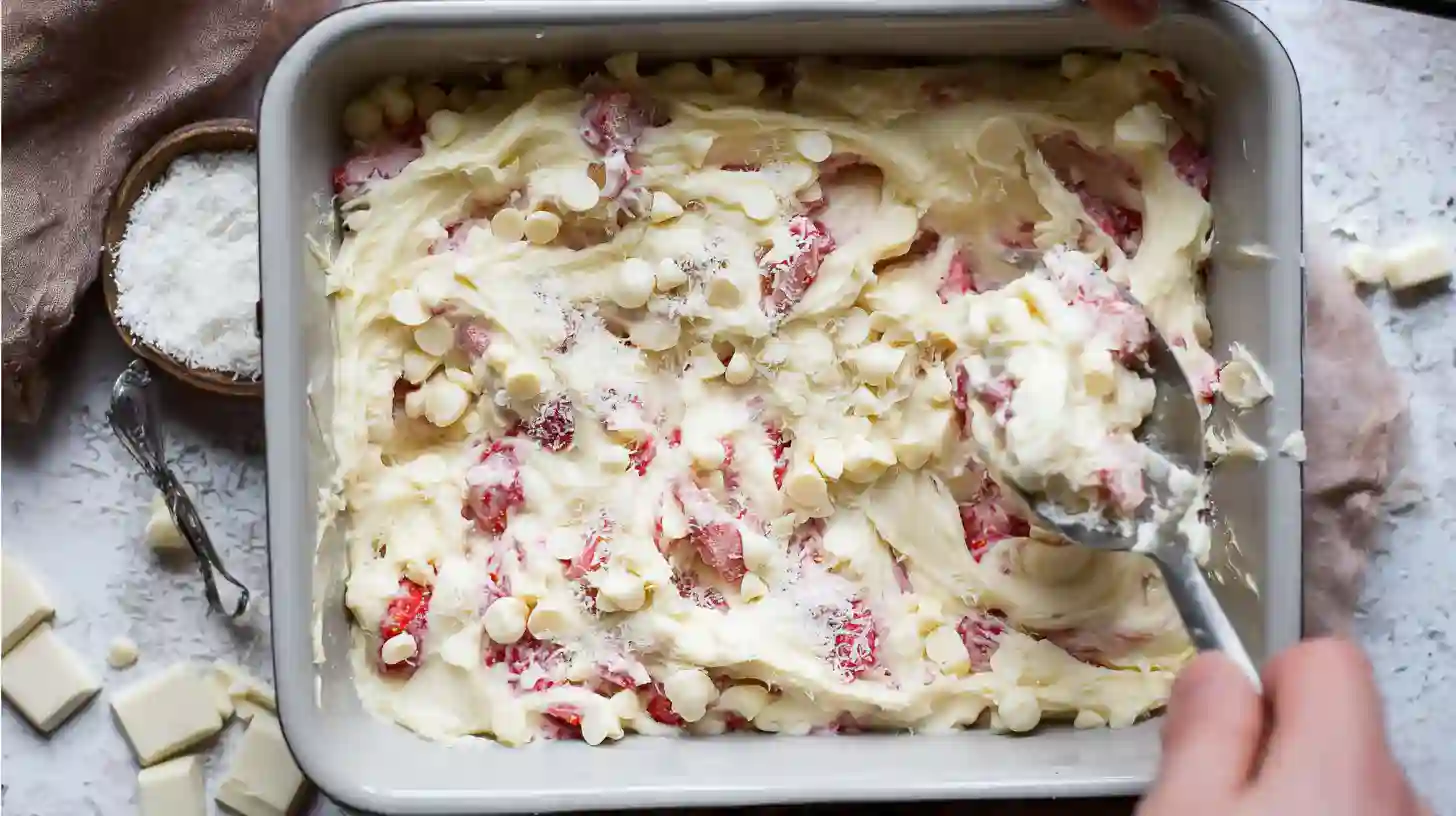 drop-swirl-topping-earthquake-cake Dropping cream cheese and topping cake with coconut and white chocolate