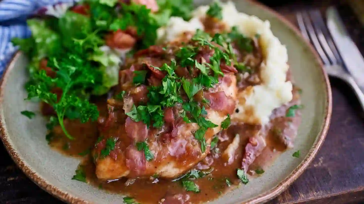 easy-bacon-butter-chicken-Skillet-served Served Easy Bacon Butter Chicken Skillet with sides