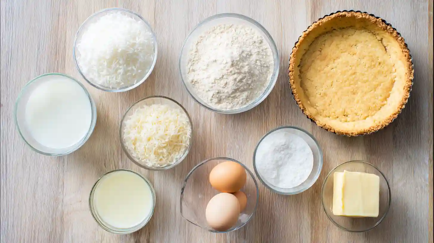 easy-coconut-cream-pie-ingredients Ingredients for Easy Coconut Cream Pie laid out flat