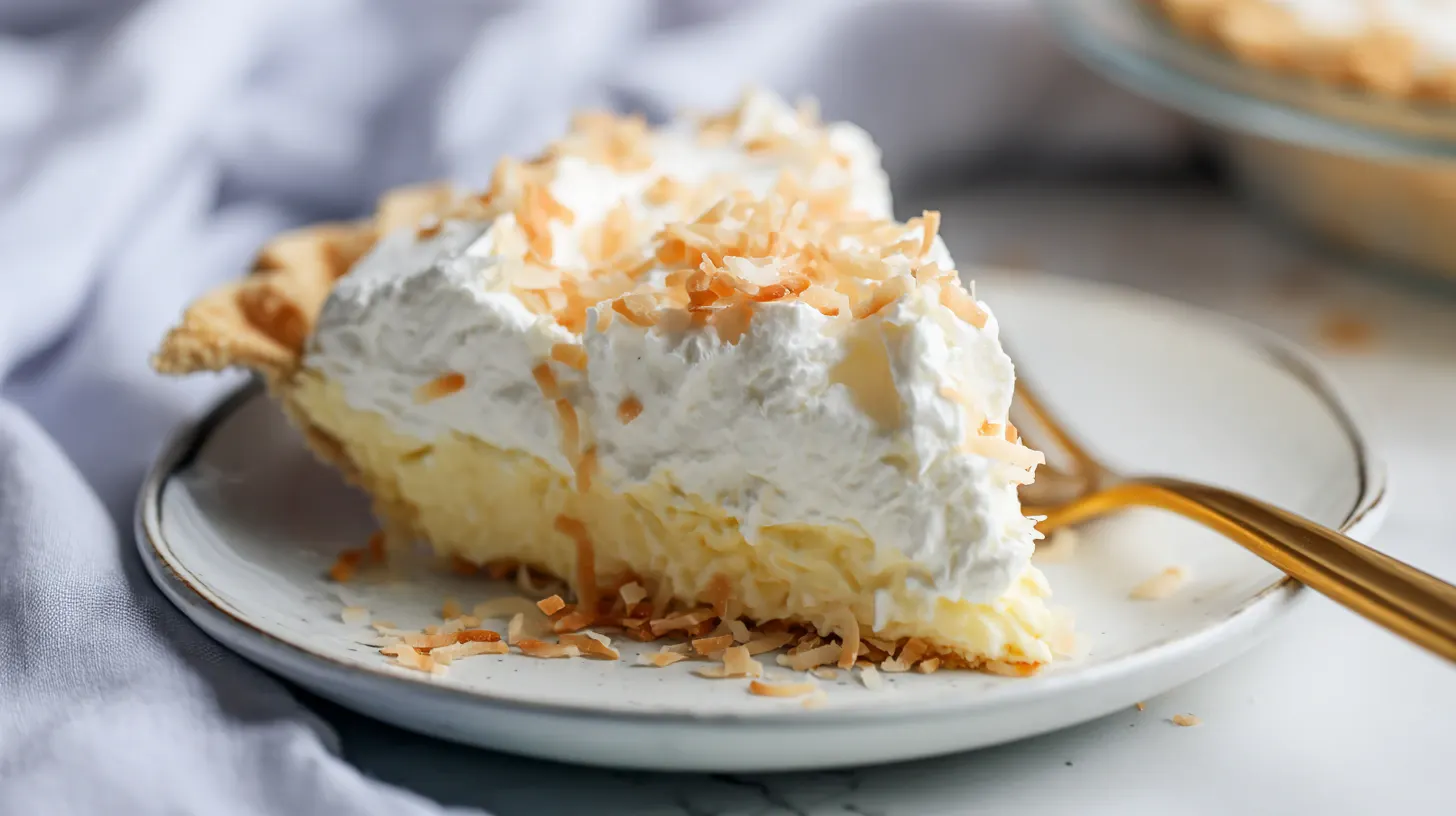 easy-coconut-cream-pie-served Slice of Easy Coconut Cream Pie ready to serve