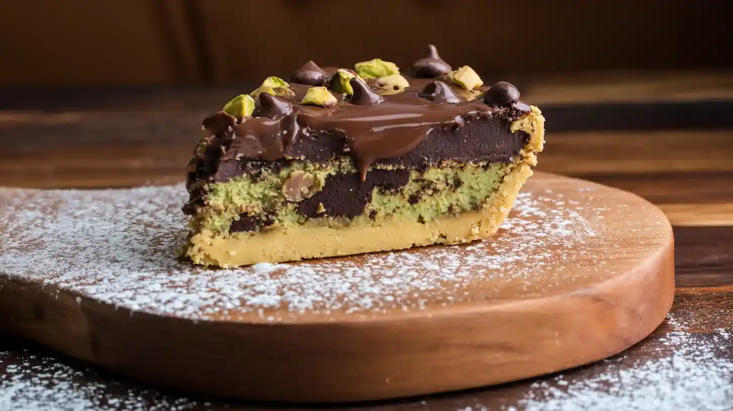 easy-dubai-style-chocolate-cookie-pie-served-authentic Served slice of Easy Dubai Style Chocolate Cookie Pie with pistachio and ganache