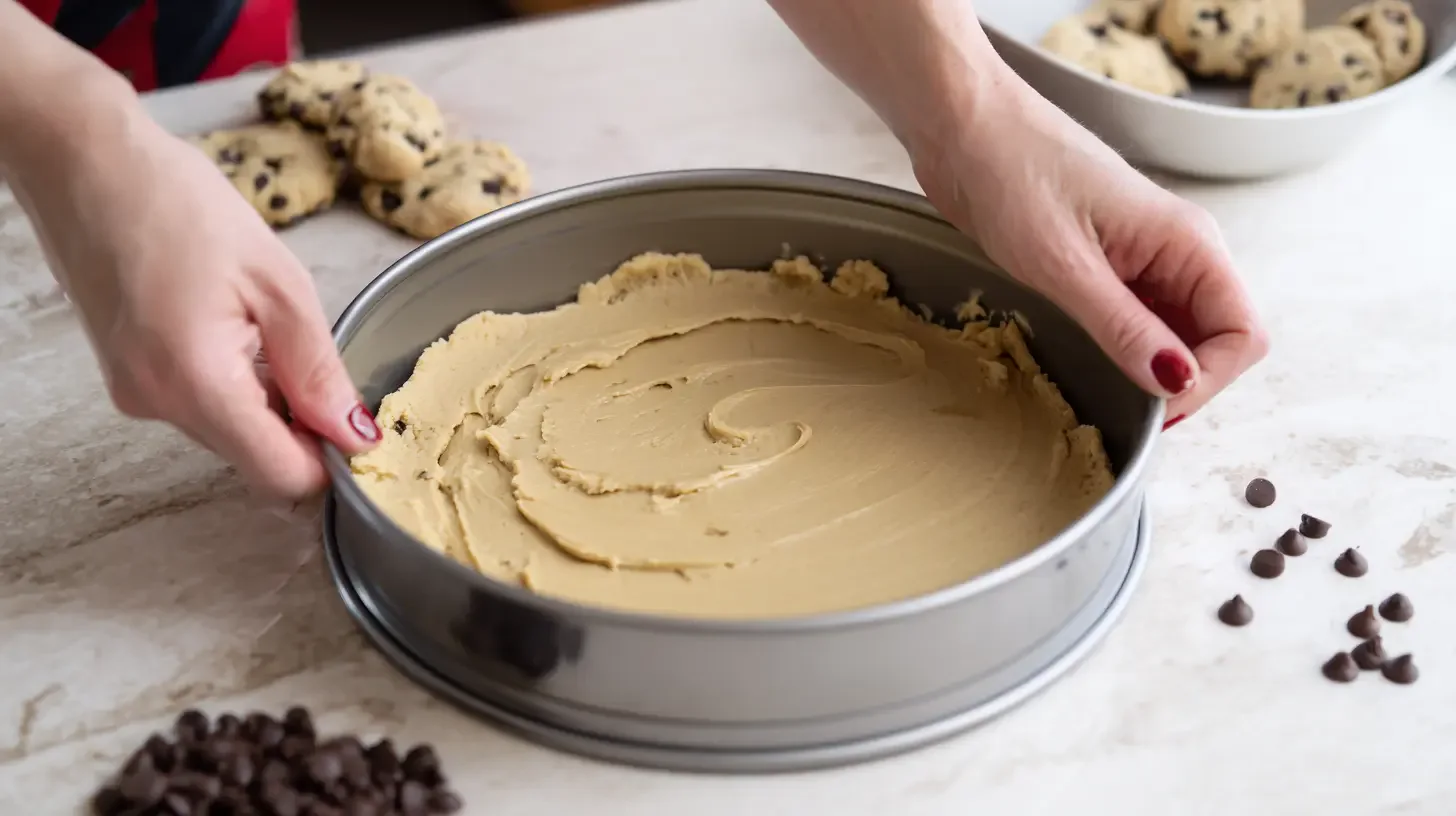 easy-dubai-style-chocolate-cookie-pie-step1-authentic Spreading pistachio crème over cookie dough base in tin
