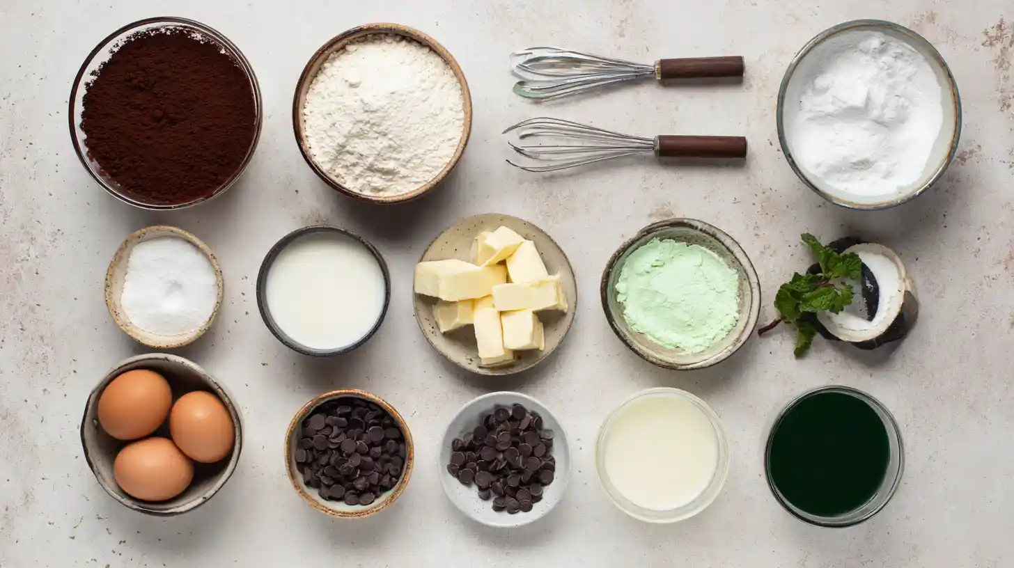 easy-mint-chocolate-cheesecake-cake-ingredients Ingredients for Easy Mint Chocolate Cheesecake Cake arranged on surface