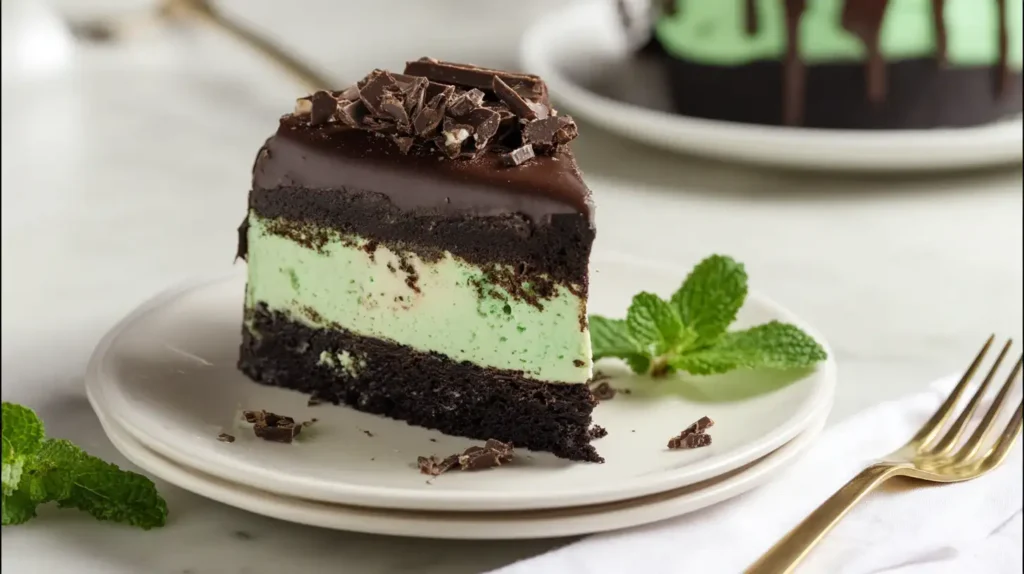 Served slice of Easy Mint Chocolate Cheesecake Cake on plate