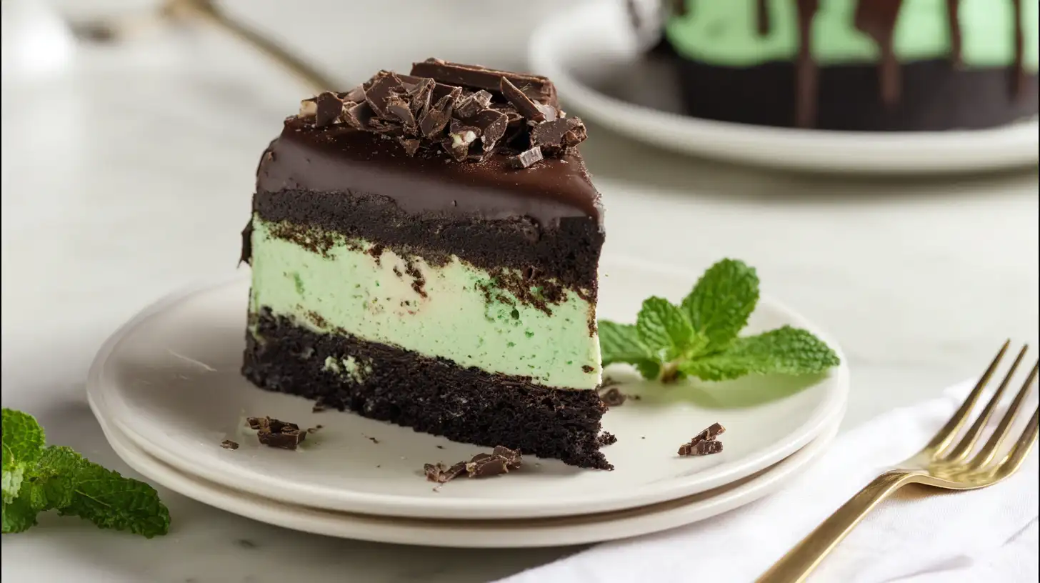 easy-mint-chocolate-cheesecake-cake-served Served slice of Easy Mint Chocolate Cheesecake Cake on plate