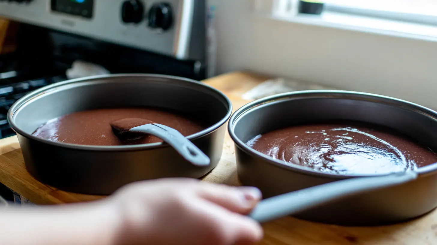 easy-mint-chocolate-cheesecake-cake-step1 Chocolate cake batter in pans for Easy Mint Chocolate Cheesecake Cake