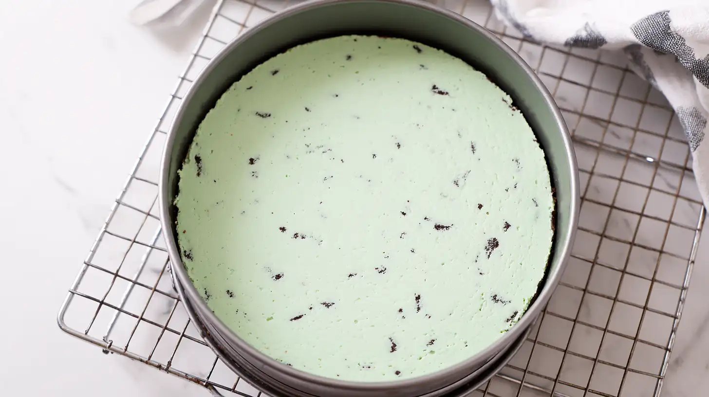 easy-mint-chocolate-cheesecake-cake-step2 Mint cheesecake layer cooling in pan for cake assembly