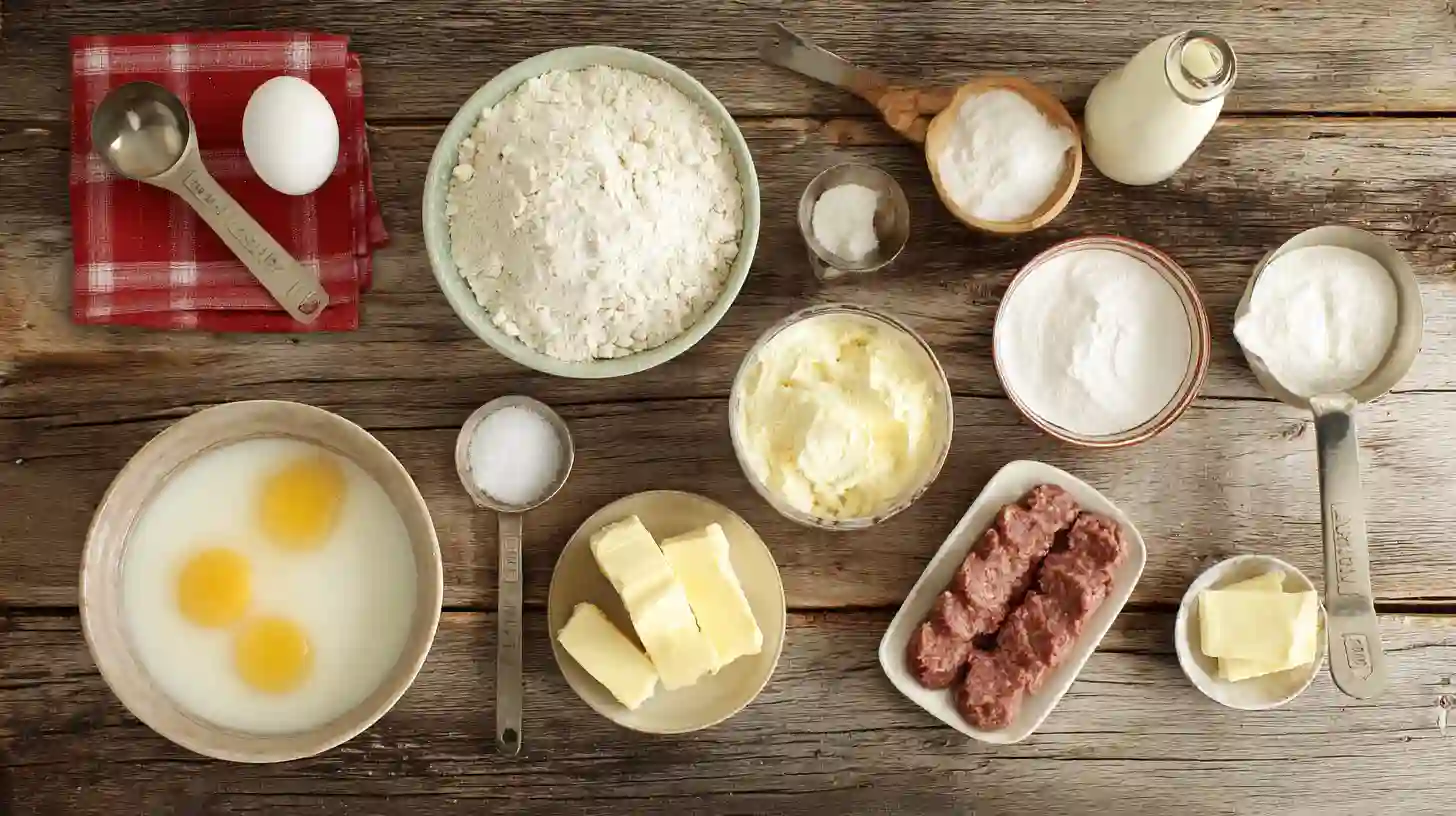 easy-pancake-sausage-breakfast-bake-ingredients Easy Pancake Sausage Breakfast Bake bake ingredients laid out on wooden table