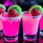 electric kiss shots glowing with kiwi and strawberry garnish