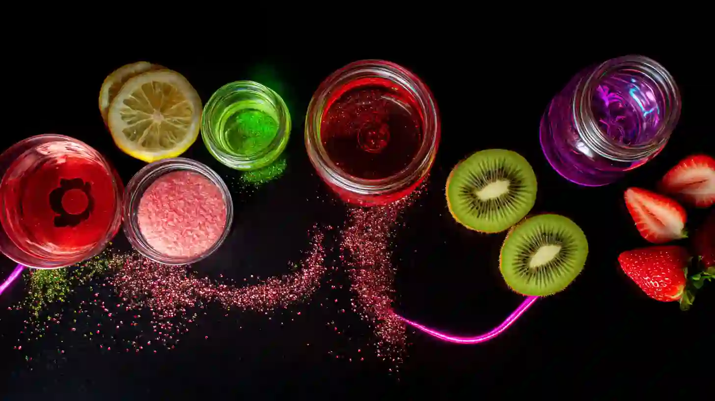 electric-kiss-shots-ingredients ingredients for electric kiss shots on neon background