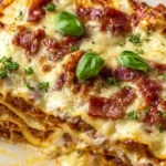 Freshly baked Four-Cheese Garlic Bacon Lasagna in baking dish with crispy cheese and bacon