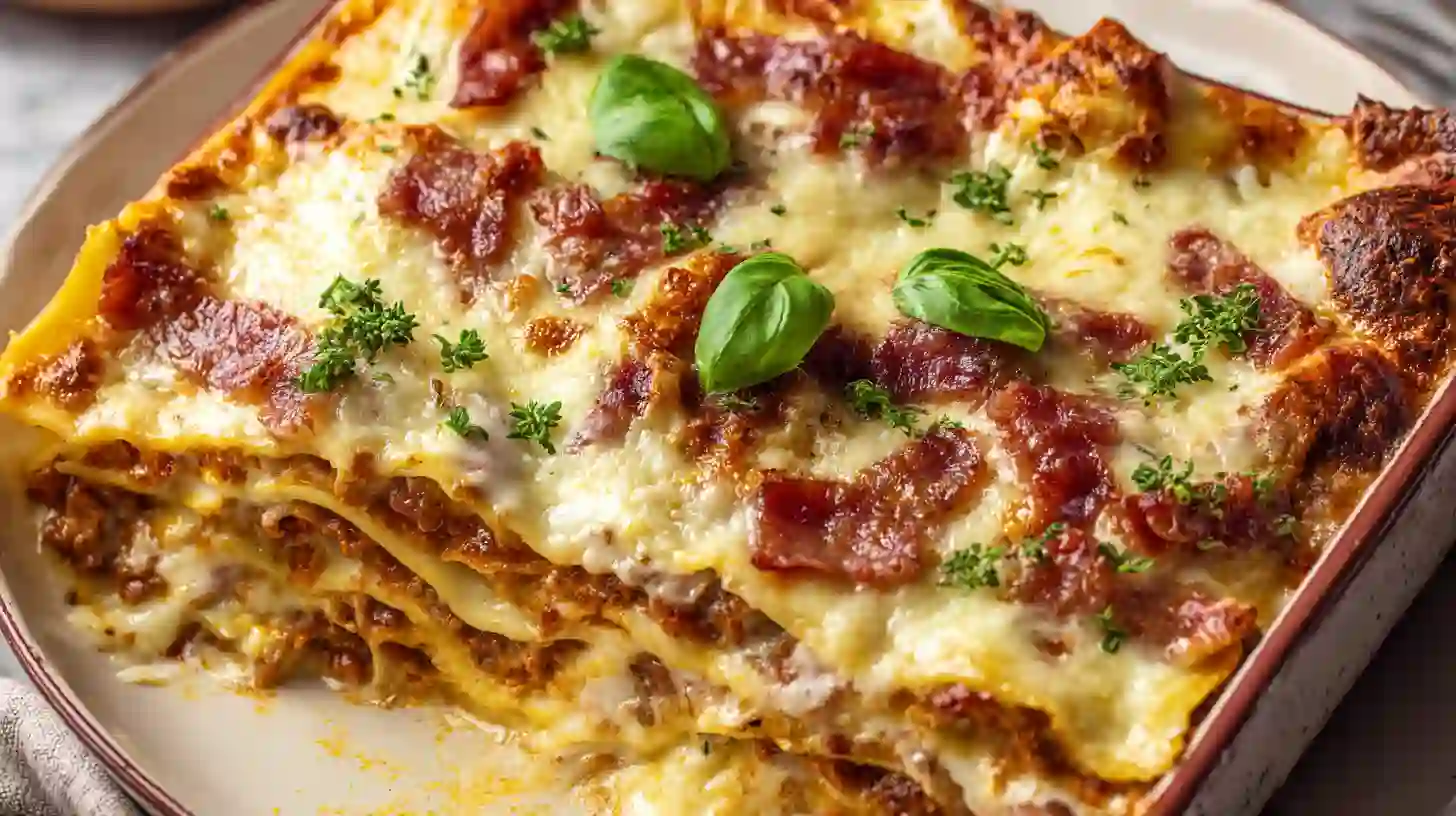 Four-Cheese Garlic Bacon Lasagna That Melts in Your Mouth