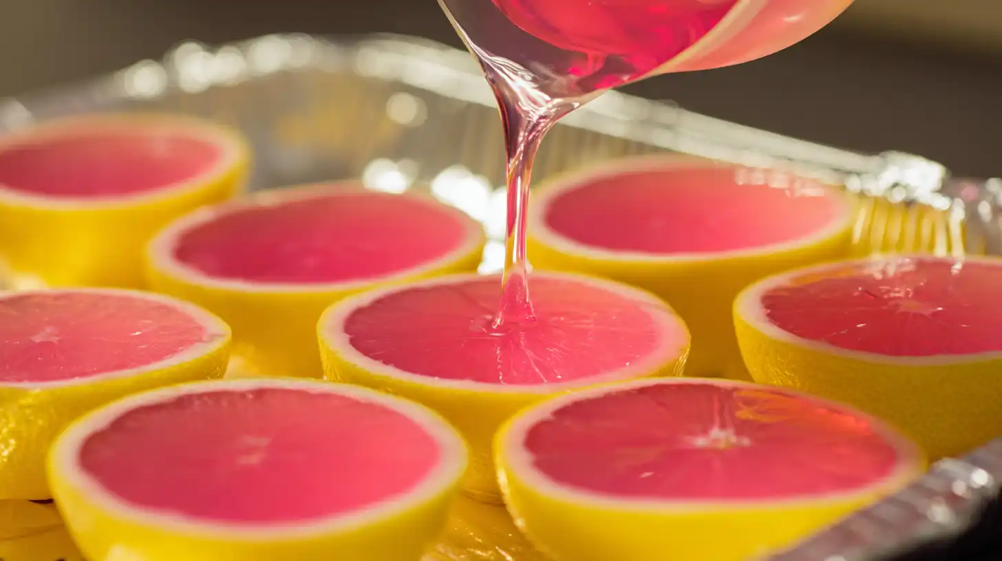 filling-lemon-shells-with-gelatin pouring pink gelatin into lemon halves