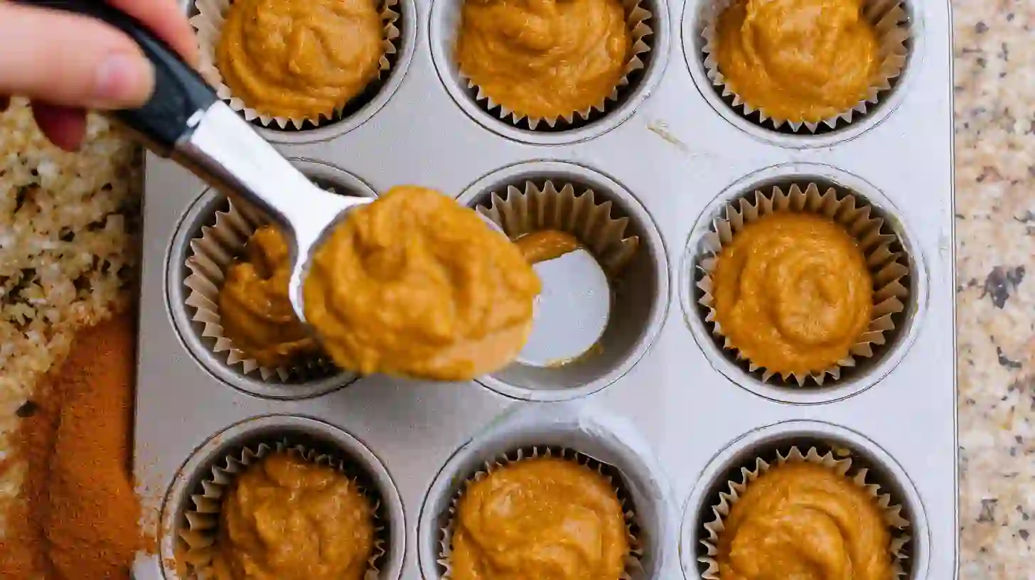 filling-sweet-potato-muffin-cups spooning muffin batter into tin