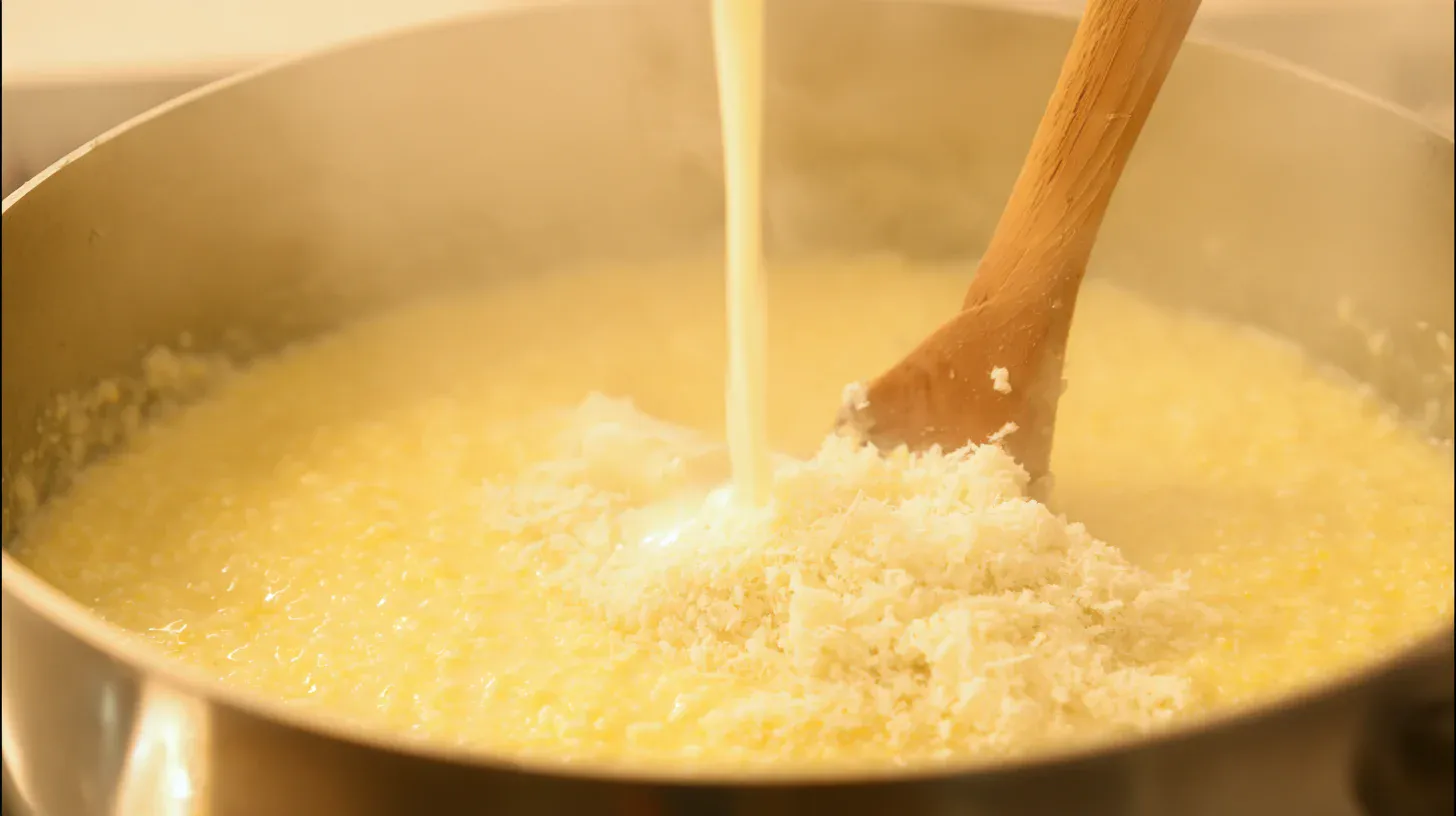finish-creamy-parmesan-grits Mixing parmesan, cream, and butter into thick grits