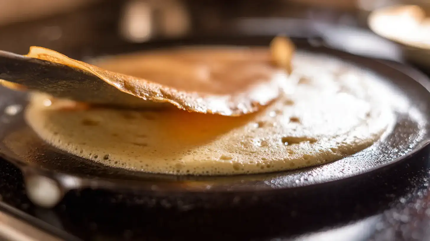 flipping-golden-pancakes-skillet Flipping pancakes on skillet