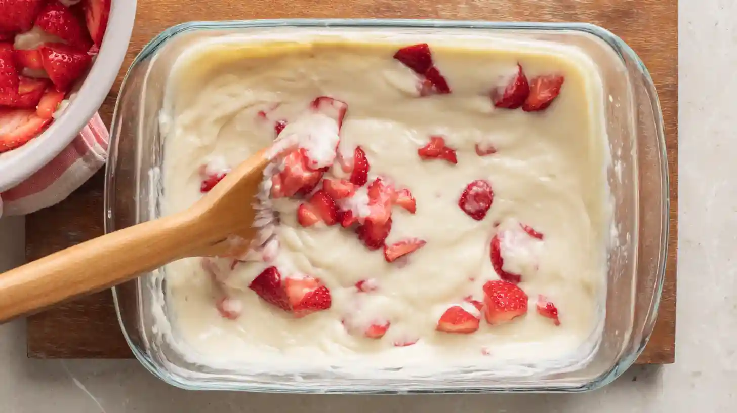 fold-strawberries-white-cake-batter Folding strawberries into white cake batter