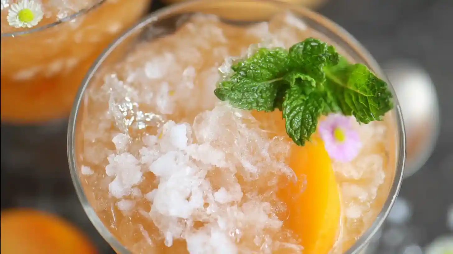 garnished-ocean-peach-punch-glass Garnished Ocean Peach Punch glass with mint and glitter