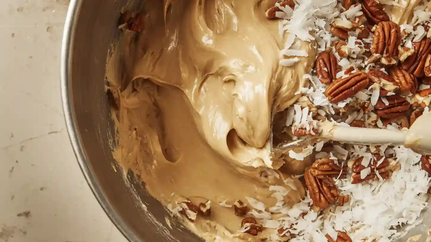 german-chocolate-cake-add-mix-ins-step 6 folding chopped pecans and shredded coconut into caramel frosting