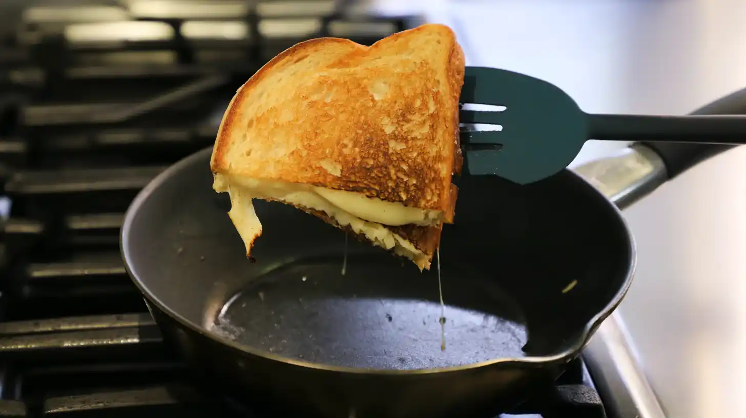grilling-cheese-sandwich-in-pan grilled cheese sandwich crisping in skillet