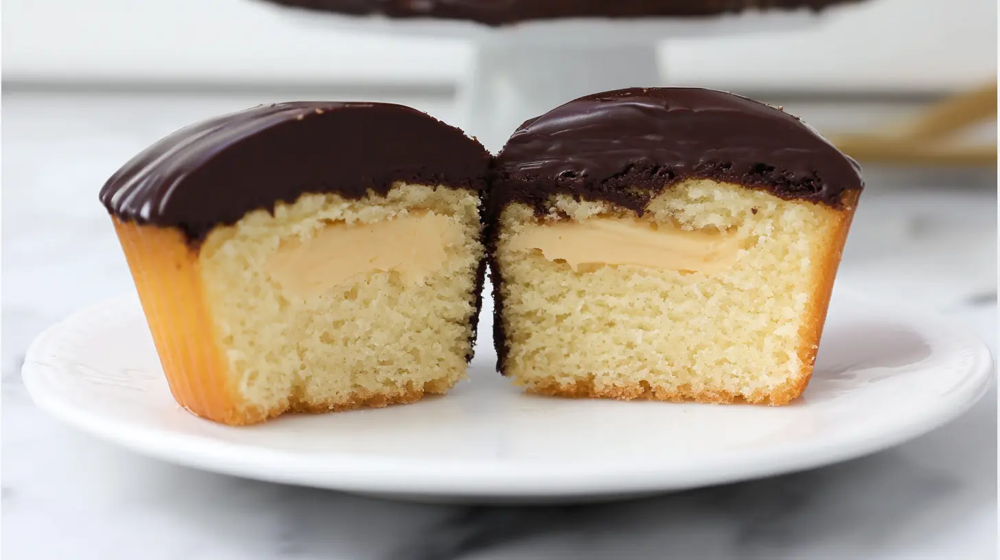heavenly-boston-cream-cupcakes-served Sliced Heavenly Boston Cream Cupcakes with filling visible