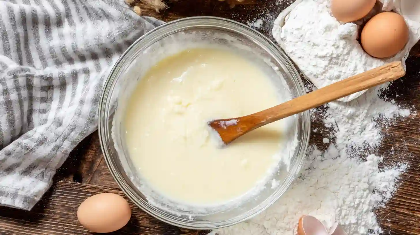 homemade-buttermilk-pancake-batter bowl of pancake batter ready to pour
