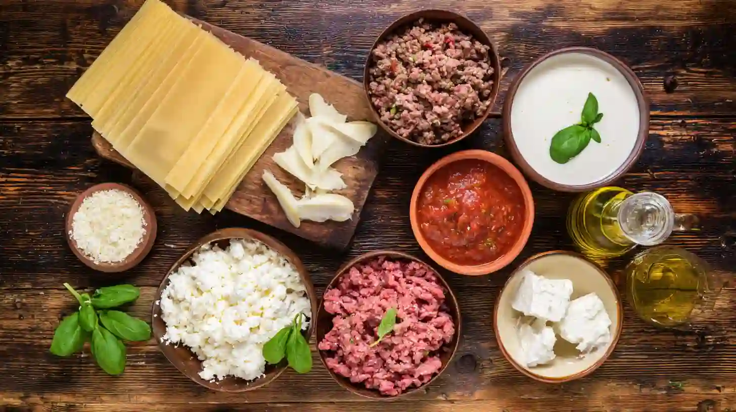 ingredients-four-cheese-garlic-bacon-lasagna Ingredients for Four-Cheese Garlic Bacon Lasagna laid out on rustic kitchen counter