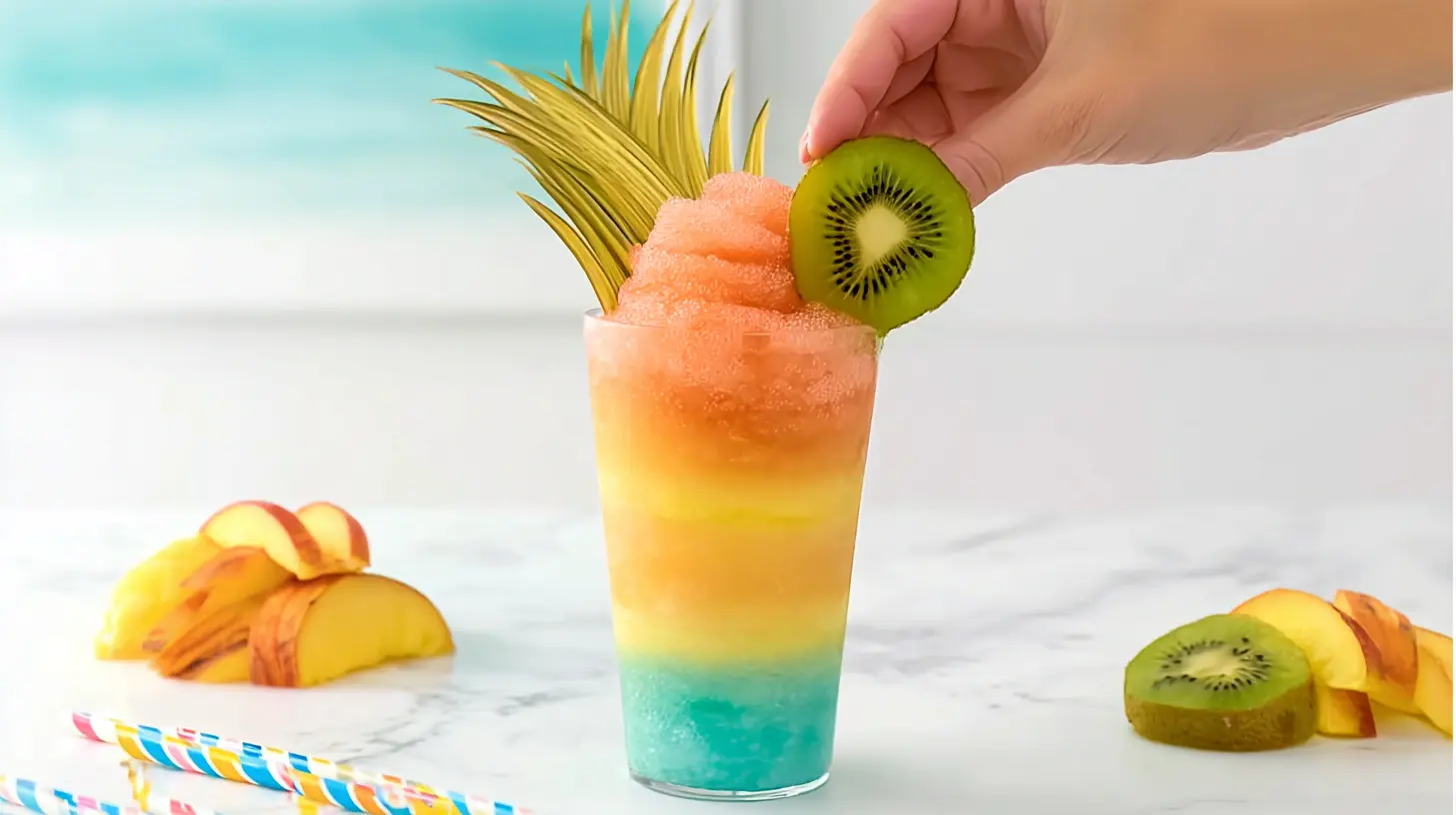 island-whirl-cocktail-garnish-tropical-luxury-drinks Tropical cocktail garnished with kiwi and pineapple for luxury summer drinks and high-paying fruity cocktail recipes