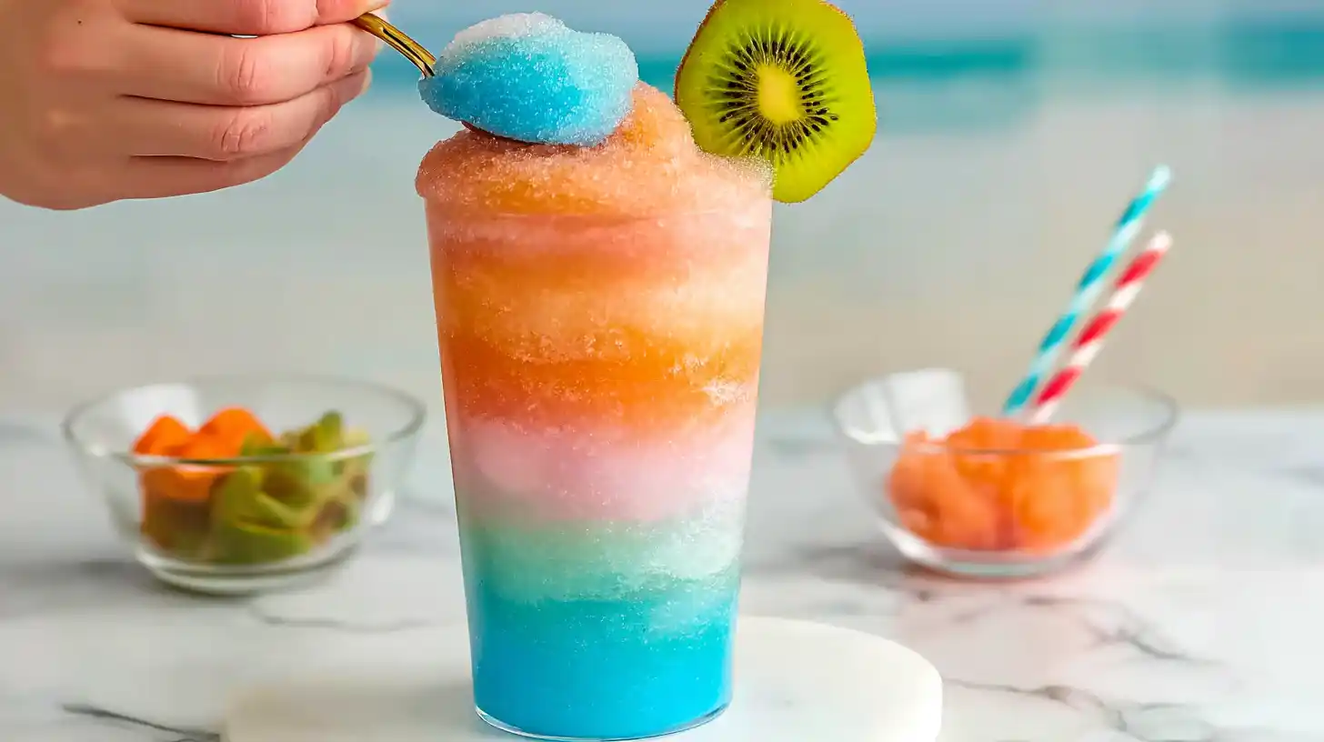 island-whirl-cocktail-layering-step-color-gradient Layering colorful slushy tropical drinks with blue curaçao and fruit liqueurs for luxury cocktail recipes and summer entertaining on a budget