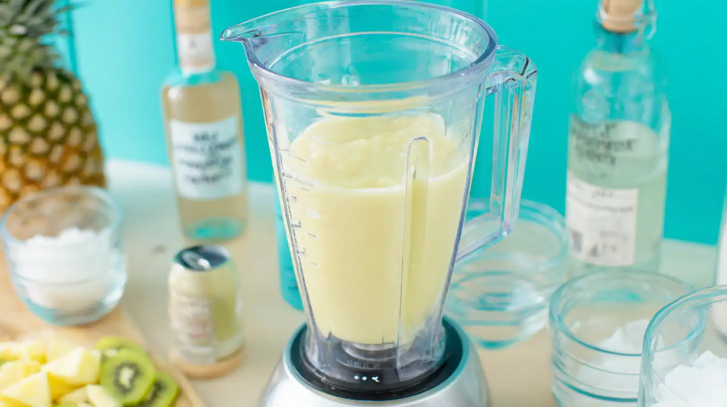island-whirl-cocktail-step-1-blending-coconut-pineapple-base Blending coconut rum and pineapple juice with crushed ice for easy tropical cocktail ideas and fruity cocktails for beach parties