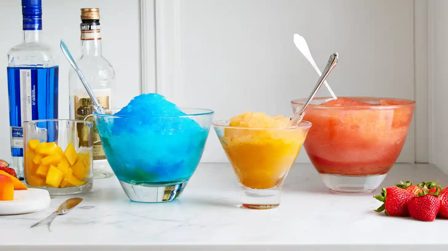 island-whirl-cocktail-step-2-color-layer-prep Colorful cocktail layers using blue curaçao, peach schnapps, and strawberries for fruity cocktails for beach parties and luxury tropical drinks