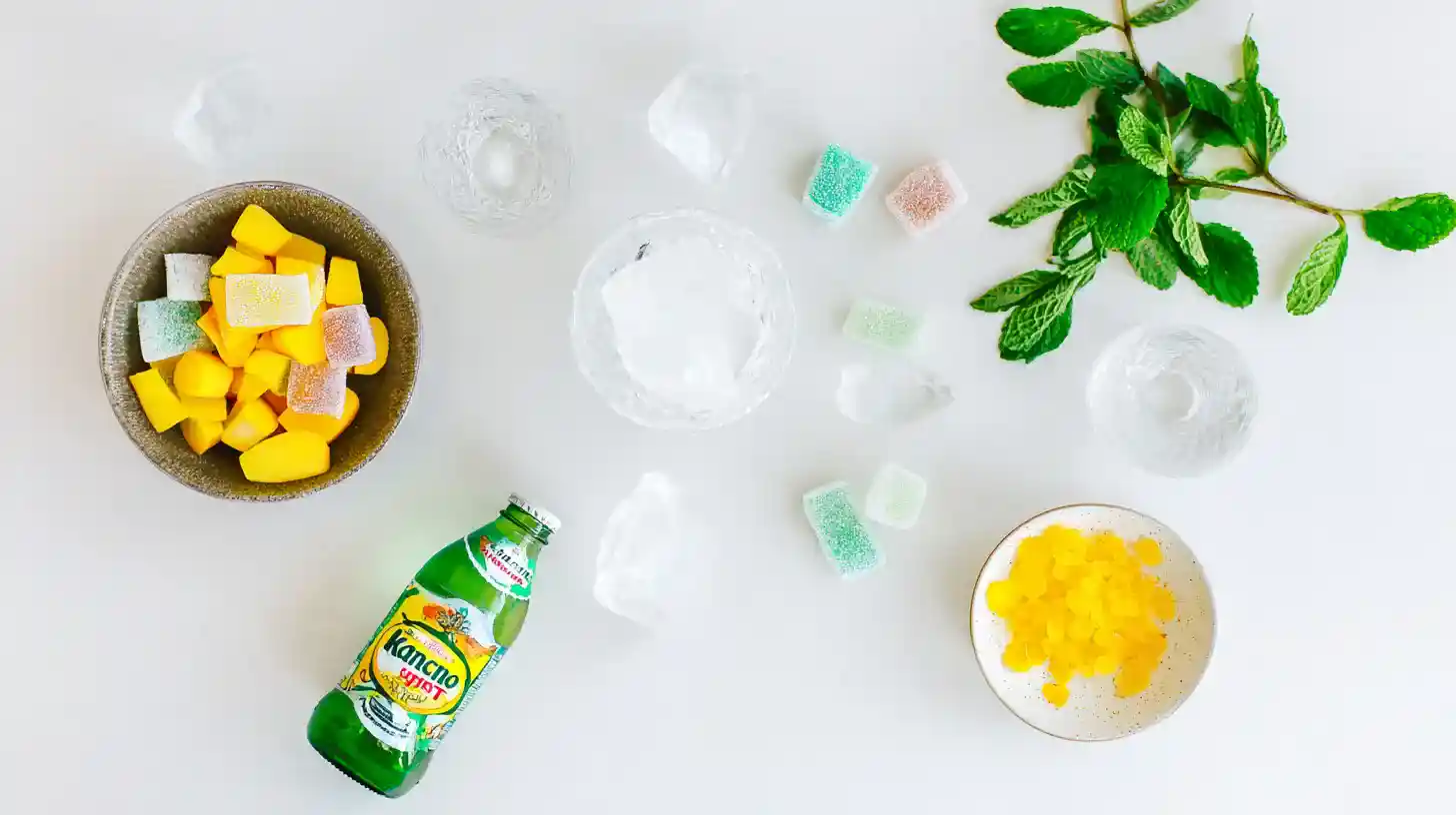 kaccha-mango-mojito-ingredients Ingredients for Kaccha Mango Bite Mojito with soda and mint