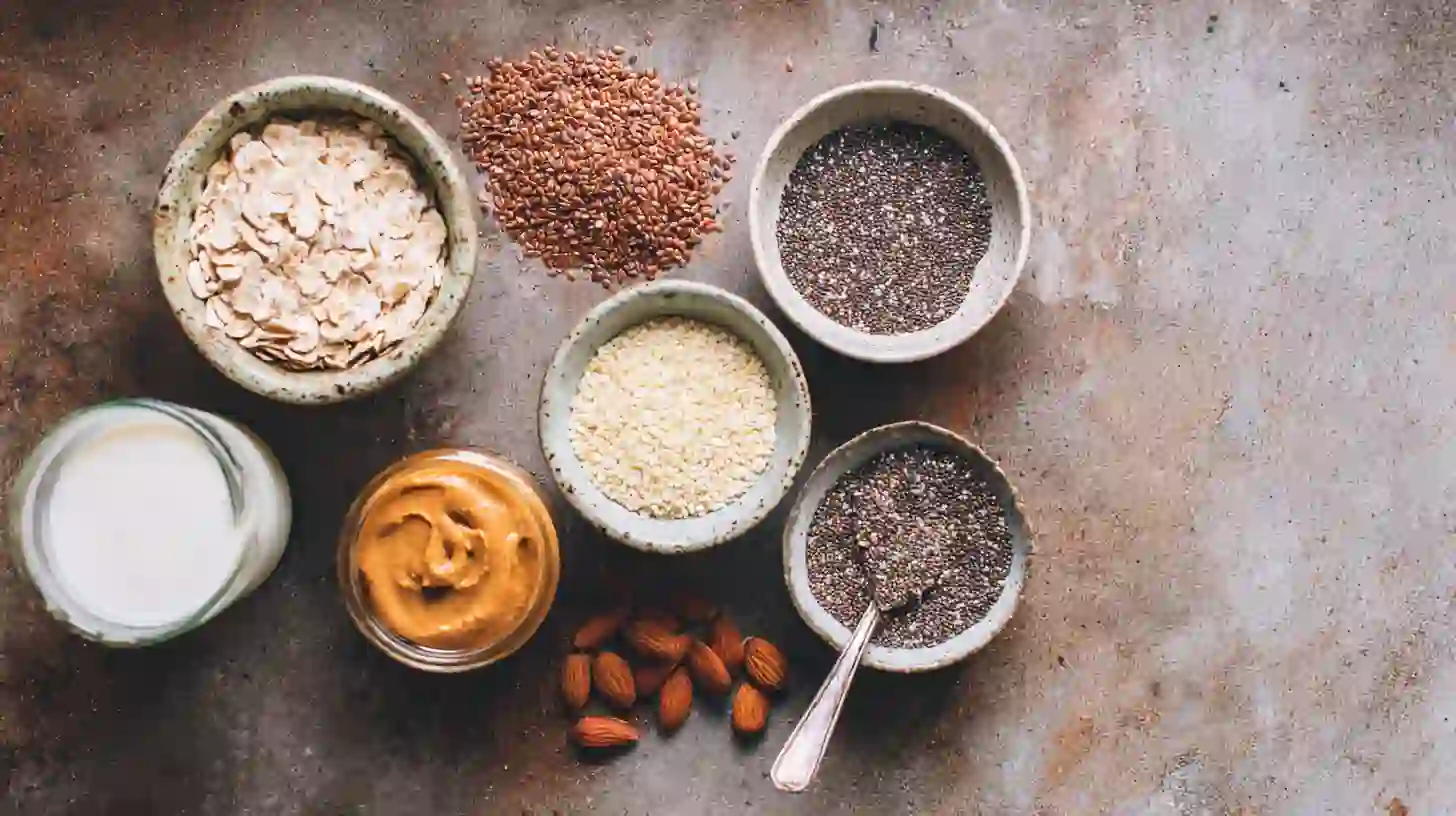 keto-oatmeal-ingredients Oatmeal ingredients like chia, flax, hemp, and coconut