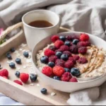 Oatmeal served with almond butter, berries, and coconut