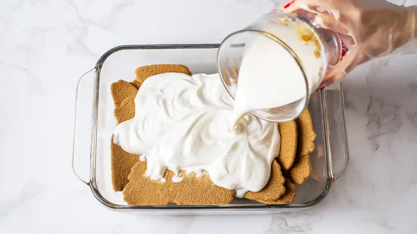 layering-biscoff-lasagna-Recipe Spreading whipped cream over biscuits for Biscoff lasagna