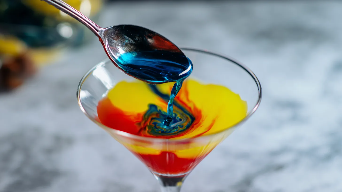 layering-blue-curacao-twister-cocktai Pouring blue curaçao to create layered cocktail