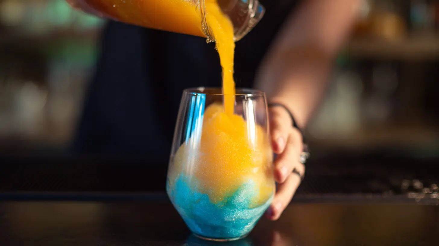 layering-caribbean-cloud-cocktail Pouring mango sherbet mix over blue slush for cloud cocktail