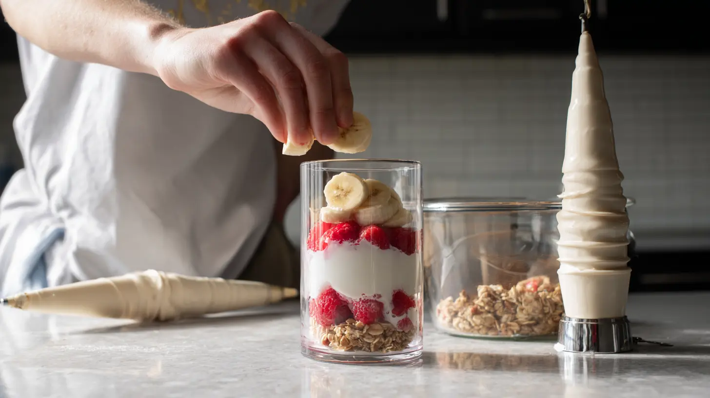layering-parfait-step layering bananas and berries in a sundae glass
