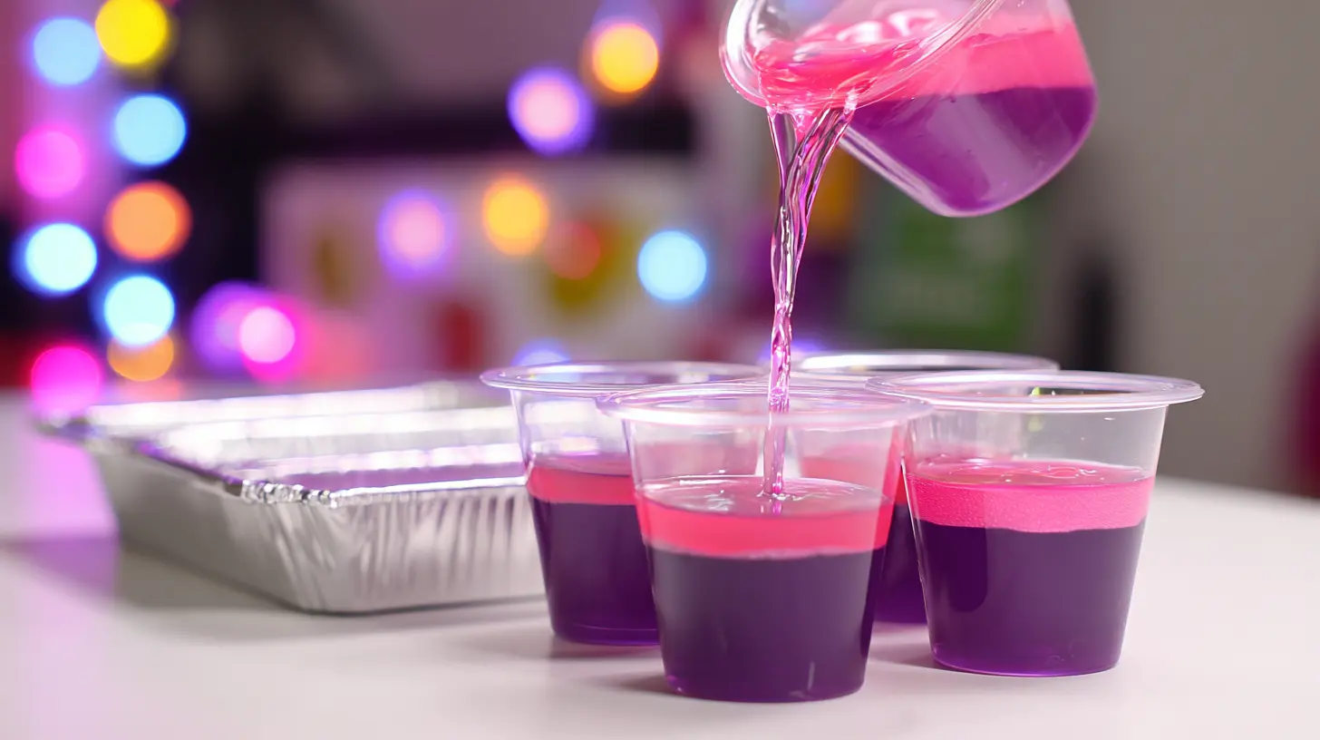 layering-pink-pony-vodka-jello-shots pouring second layer into pink jello shots