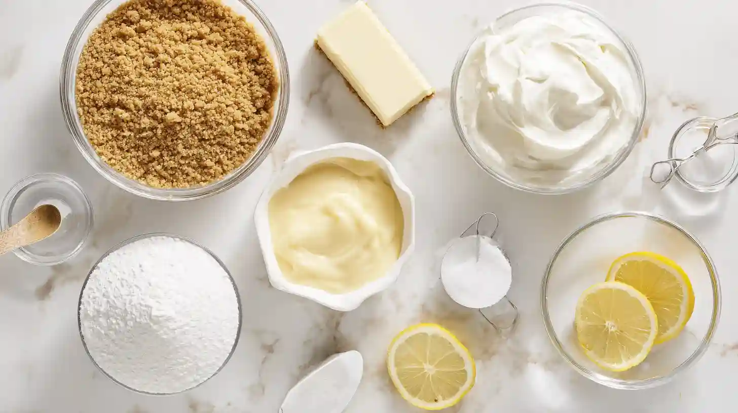 lazy-day-lemon-cream-pie-bars-ingredients ingredients of Lazy Day Lemon Cream Pie Bars with whipped cream