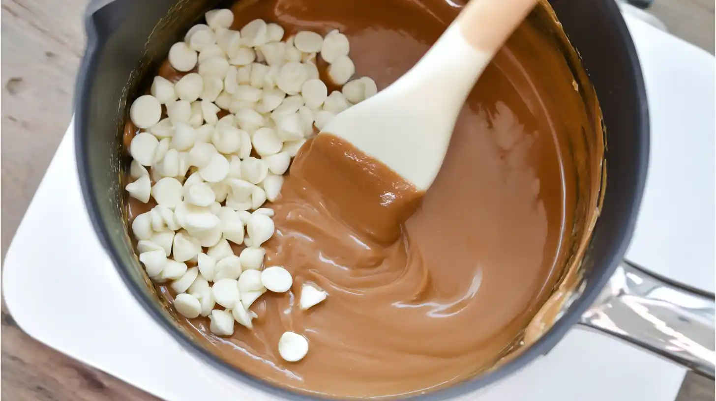 melting-white-chocolate-almond-mix melting white chocolate with almond butter in saucepan