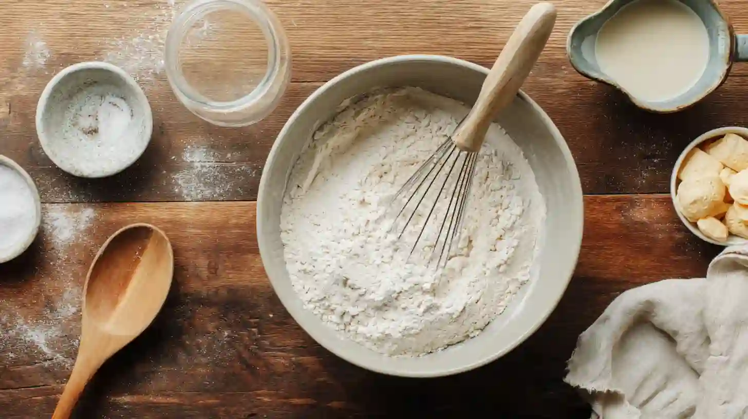 mix-dry-ingredients-pancakes Mixing dry ingredients for pancake recipe in a bowl