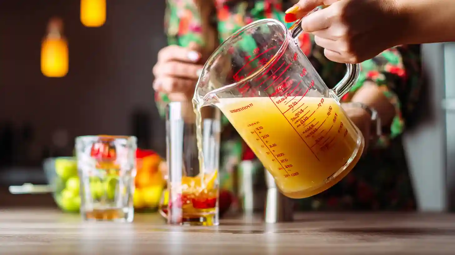 mixing-beach-bucket-cocktail Mixing ingredients for Sunset Beach Bucket Blast in a cocktail shaker