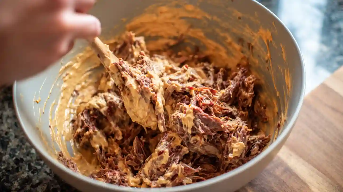 mixing-brisket-beer-cheese-filling Stirring brisket and beer cheese for pretzel bomb filling
