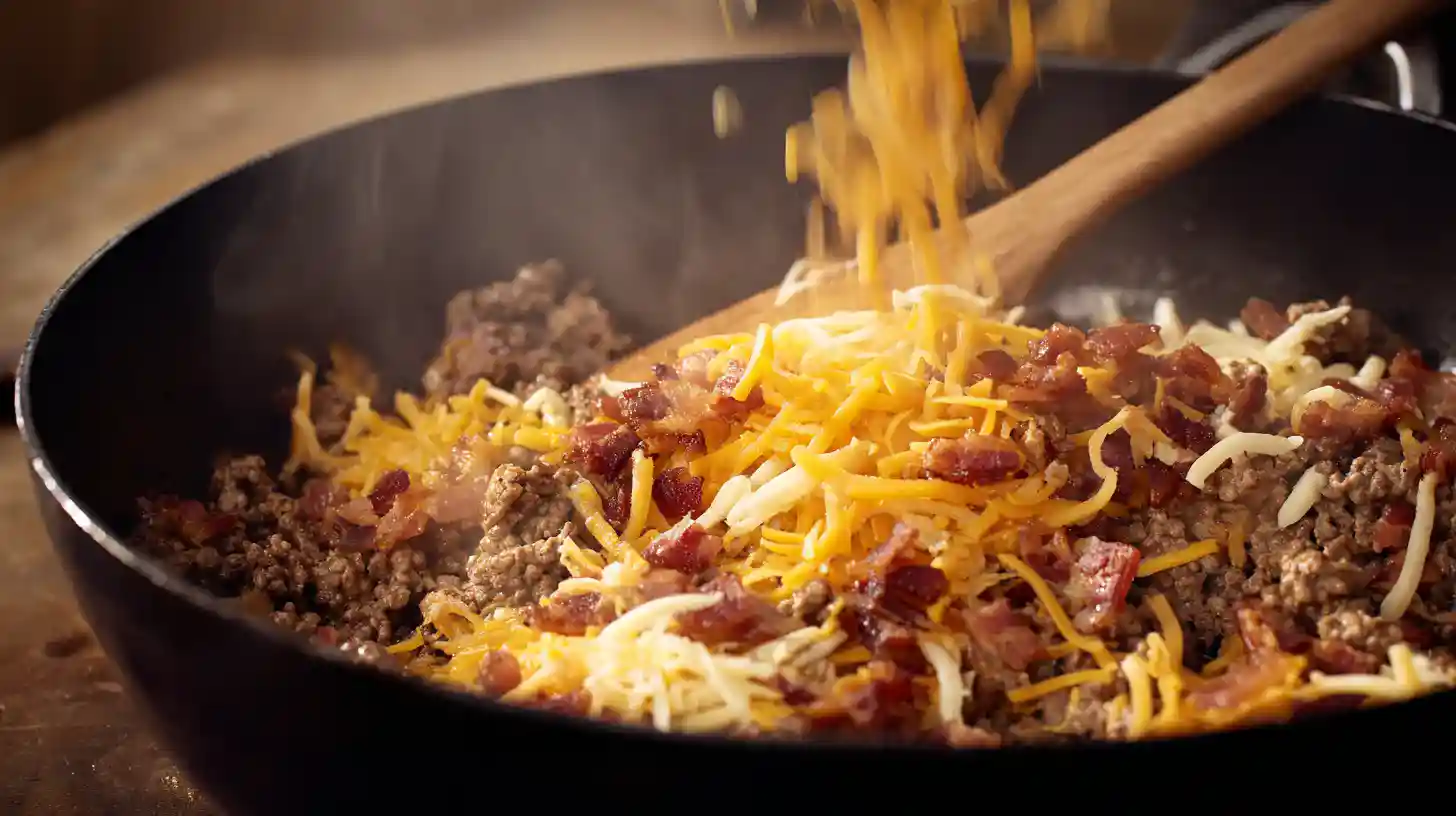 mixing-cheesy-beef-bacon-filling Beef, cheese, and bacon being mixed for stuffed tater tots