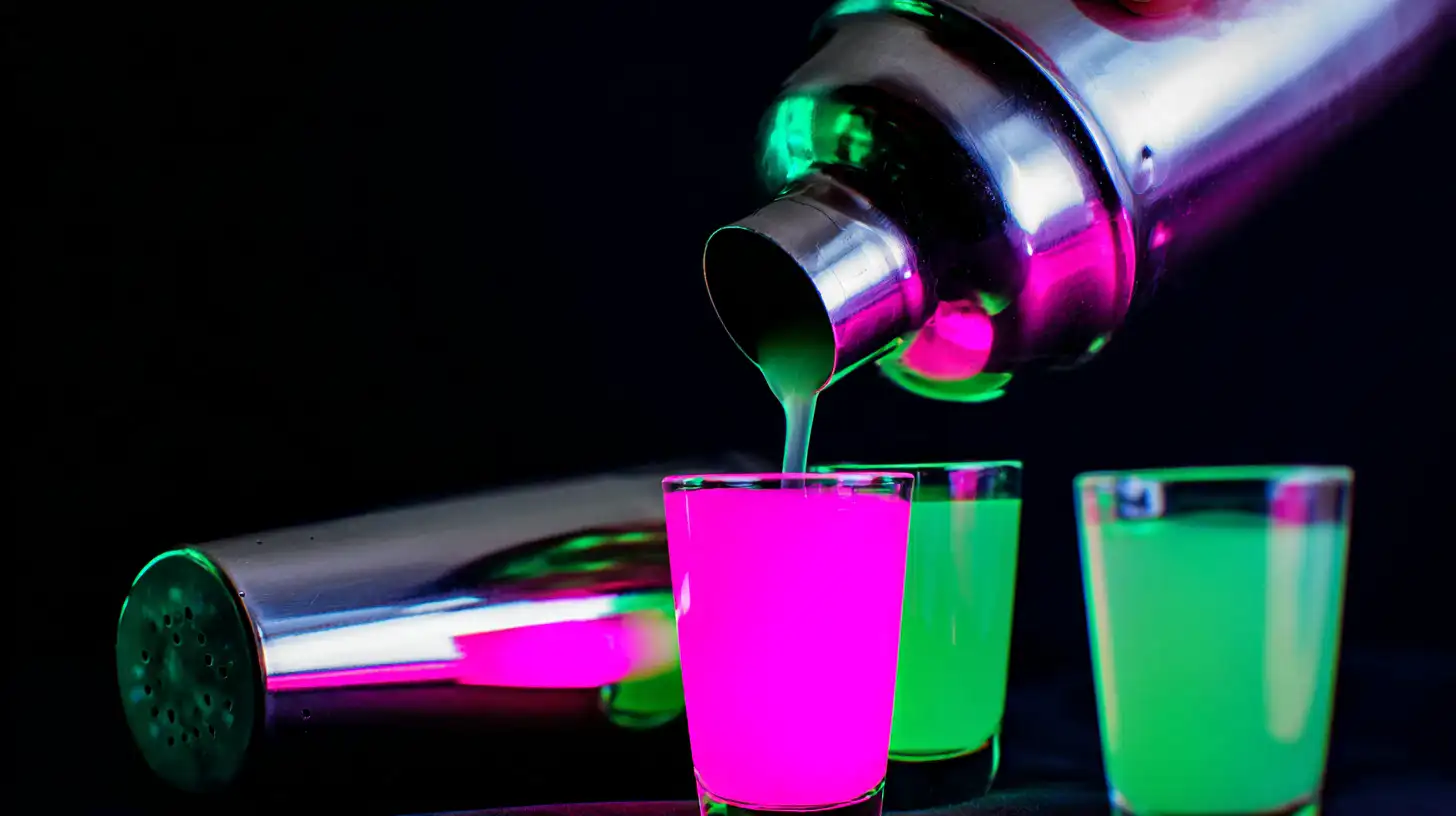 mixing-electric-kiss-shots shaking and pouring electric kiss shot mix into glasses