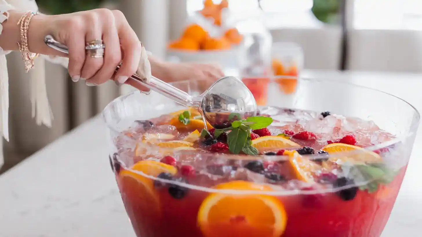 mixing-fun-bucket-punch stirring fruity red punch with floating fruit in a bucket